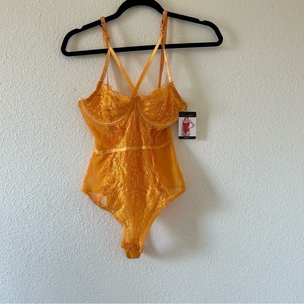 French Affair Radiant Yellow Lace Thong Bodysuit Women Size Small NWT